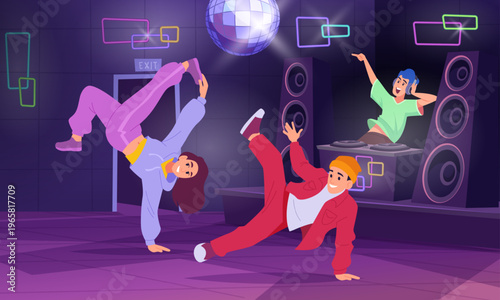 Dance party. break dance people on stage. vector music background in cartoon style