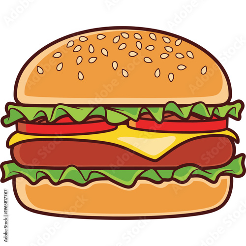 A delicious cheeseburger with lettuce, tomato, and cheese on a sesame seed bun is served.
