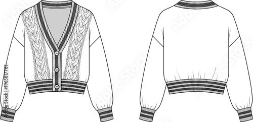 Women cable knit v-neck button front cardigan sweater striped rib trim template design mockup cad drawing flat vector illustration set