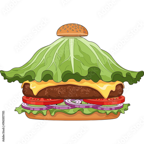 A large cheeseburger with lettuce tomato onion and cheese on a bun