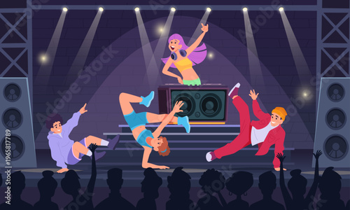 Dance scene. dj music on stage and break dancers in action poses