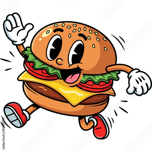 A cheerful cartoon hamburger character running happily outdoors with enthusiasm.