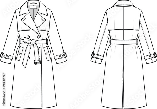 Front and Back View Technical Fashion Flat Sketch of a Classic Double Breasted Trench Coat with Belt and Buckles, CAD Drawing Flat Vector Illustration