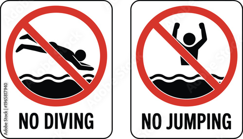 No diving and no jumping safety warning sign art illustration for pool restriction hazard notice symbol design