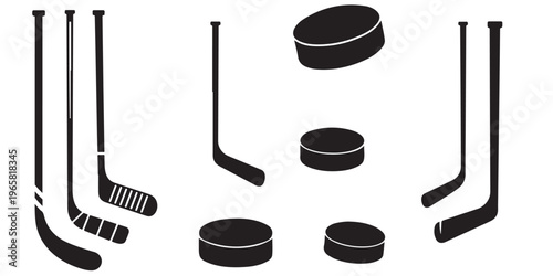 Ice hockey sticks and puck silhouette icon collection in bold black vector style