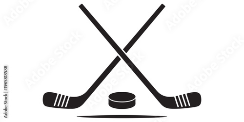 Ice hockey sticks and puck silhouette icon collection in bold black vector style