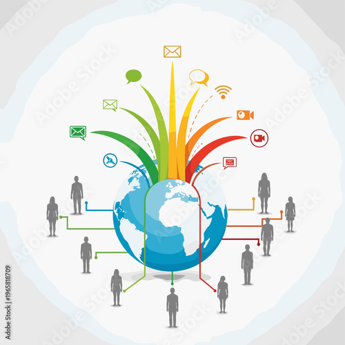 Global network of people connected to the Earth, symbolizing communication and digital connections spreading outwards.