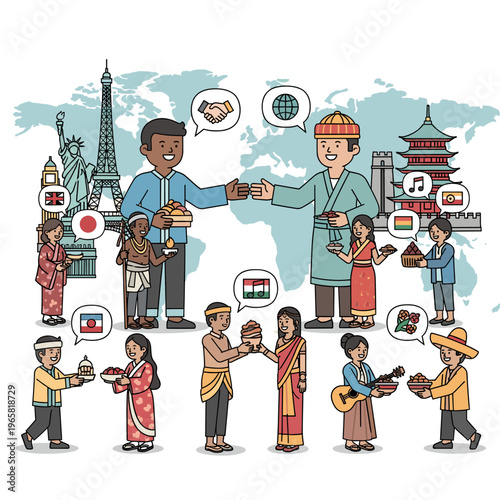 Diverse people from around the world sharing food and cultural symbols, celebrating global unity and friendship.