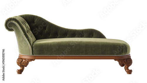 Fotografija Elegant olive green velvet chaise lounge with carved wooden legs, isolated on tr