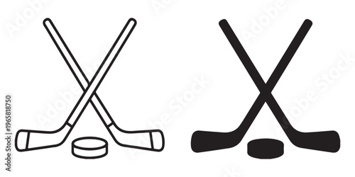 Ice hockey sticks and puck silhouette icon collection in bold black vector style