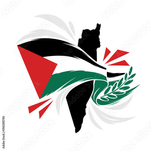 Symbolic illustration of Palestine's map overlaid with its flag and a laurel wreath, representing national identity and resilience.