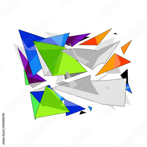 Abstract composition of colorful geometric shapes, including triangles and polygons, with sharp edges and translucent effects, casting subtle shadows on a white background.