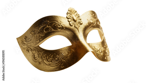 Photos Golden ornate masquerade mask with embossed scrollwork and leaf accent, isolated