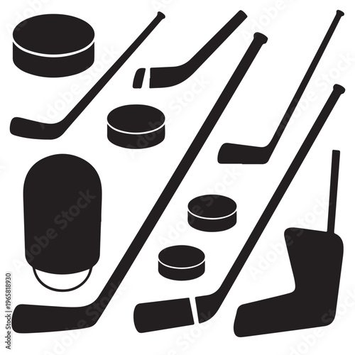 Photography Ice hockey sticks and puck silhouette icon collection in bold black vector style