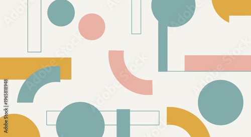 A colorful abstract composition of various shapes and geometric forms in pastel hues, including circles, rectangles, and arcs, against a clean white background with a soft, calming mood.