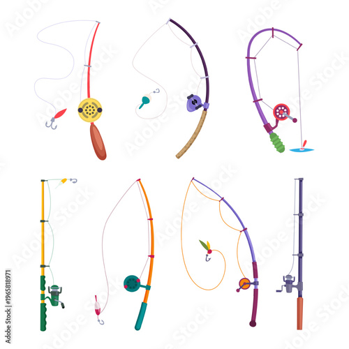 Fishing rods. Different items for fishing. Equipment for fisherman exact vector cartoon templates