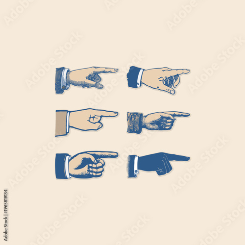 Fotografi Hands with pointing fingers icon clipart set retro logo vintage illustration des