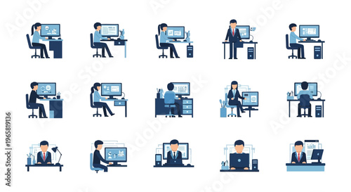 People are working on computers in an office setting with various individuals
