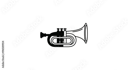 Minimalist trumpet vector icon, black and white brass instrument illustration, musical wind instrument silhouette for jazz and orchestra logos