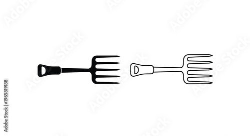 Black and white illustration of garden forks in different orientations