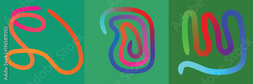 Set of Three Abstract Background Panels with Colorful 3D Gradient Fluid Lines and Curvy Neon Shapes on Green Backgrounds