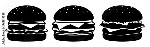 Plant-based meat burger icon set with solid black outline on white background featuring plant-based burger, simple line art, minimalist with black and white and food illustration