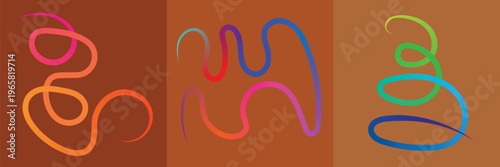 Set of Three Abstract Panels with Elegant 3D Gradient Fluid Lines and Minimalist Wavy Curves on Warm Brown Backgrounds