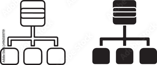 Black and white outline and solid of a server connected to three data nodes in a hierarchical network structure