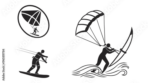 Silhouette icons of essential kite surfing equipment and activities for action sports enthusiasts
