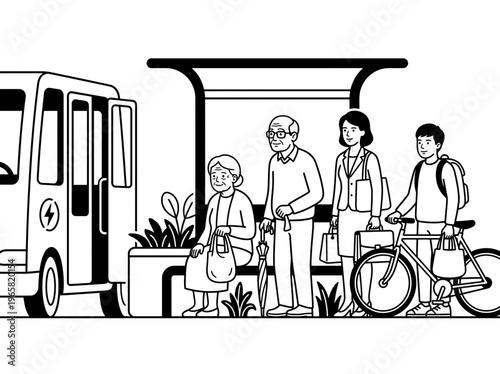 Senior workers and student waiting at public transit stop