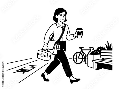 Office worker stepping with coffee and work bag outdoors