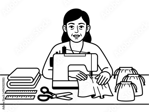 Seamstress upcycling curtains into reusable bags