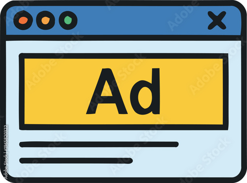 Vector illustration of a browser window showing a yellow advertisement banner with Ad text. for online advertising, digital marketing, web banner, and internet marketing themes.