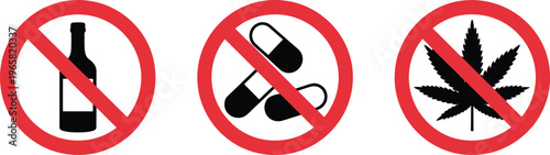 No drugs sign prohibition symbol for substance restriction warning safety notice public awareness vector design