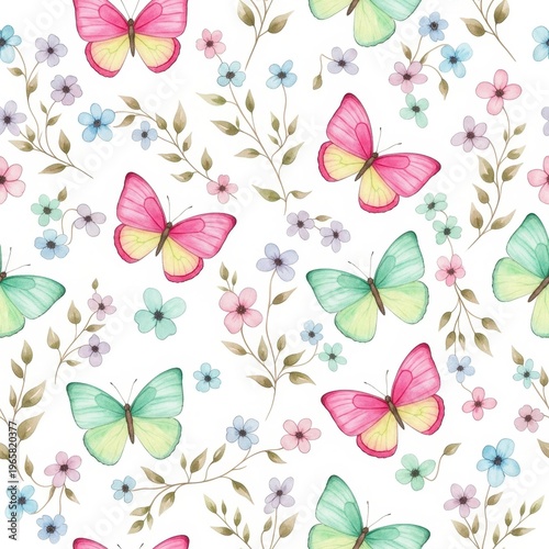 Delicate watercolor butterflies and wildflowers create a charming seamless pattern