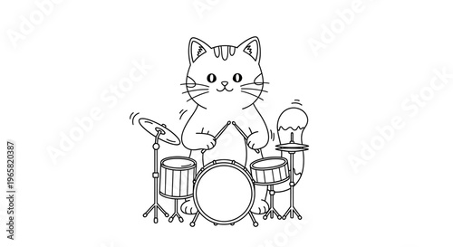A cute cartoon cat playing a drum set with a cymbal and a microphone.