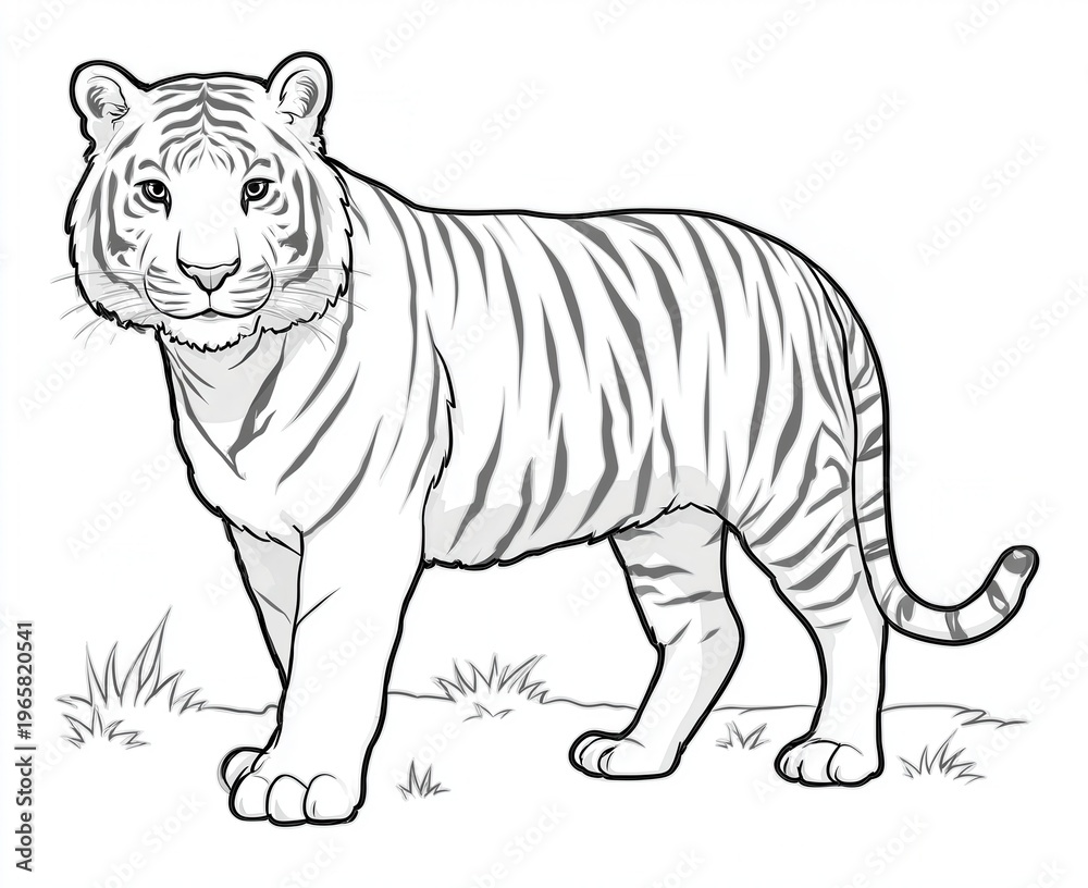 Obraz premium Tiger standing in grass with clear lines and details