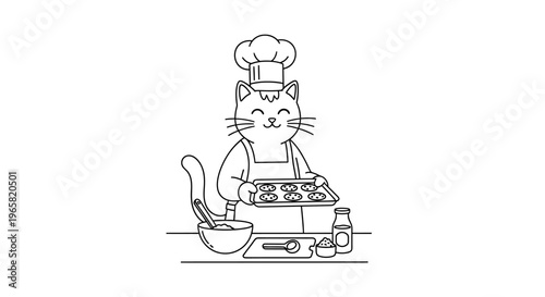 A cute cat wearing a chef's hat and apron is baking cookies in the kitchen.
