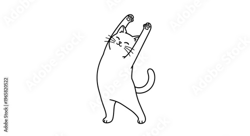 A cartoon cat stretching with its arms raised above its head.