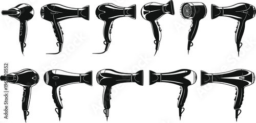 Collection of black and white vector illustrations of hair dryers, blow dryers with concentrator and diffuser attachments, styling tools for salon, beauty, and personal care concepts