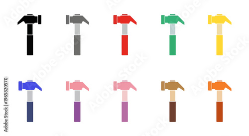 Ten colorful hammers in a row on a white background.