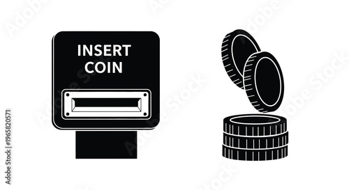 Black and white illustration of a coin insert slot and coins