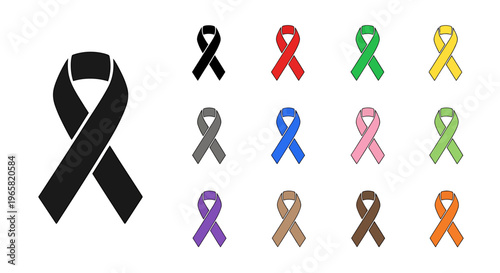 Collection of awareness ribbons in various colors, symbolizing different causes and campaigns.
