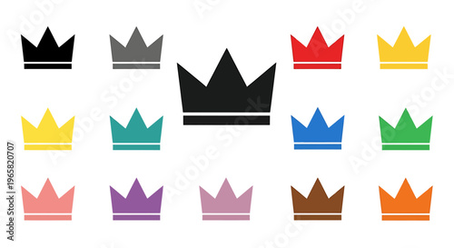 A collection of colorful crown icons, each with a simple, flat design, arranged in a grid pattern.