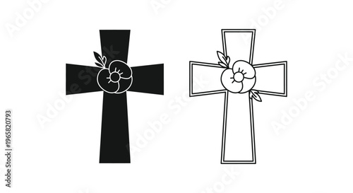 Remembrance Day poppy cross vector set, memorial flower on christian cross icons, black and white mourning symbols for veterans and armistice day