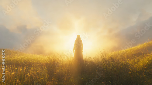 Goddess silhouette in a field at sunset. A goddess figure stands in a field, silhouetted against the sun, with arms raised, evoking a sense of spirituality and peace.