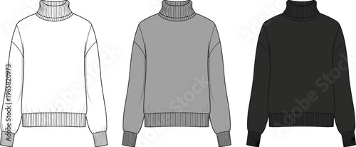 Cad drawing flat vector illustration of three turtleneck sweatshirts in white grey and black with ribbed collar and cuffs
