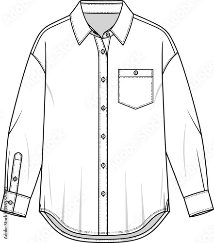 Women oversized long sleeve button down shirt single chest pocket front view blank template apparel cad drawing flat vector illustration