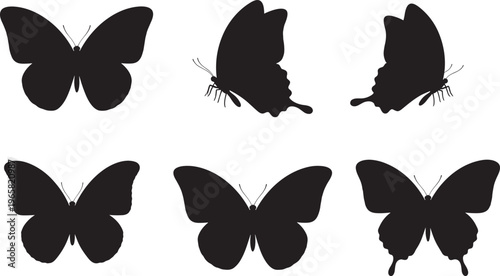 Butterfly silhouette vector illustration, six species, distinct wing shapes, symmetrical design, nature inspired artwork, entomology study, decorative art, black silhouette drawing