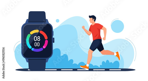 Illustration of a man jogging next to a smartwatch with a colorful interface on a blue background.